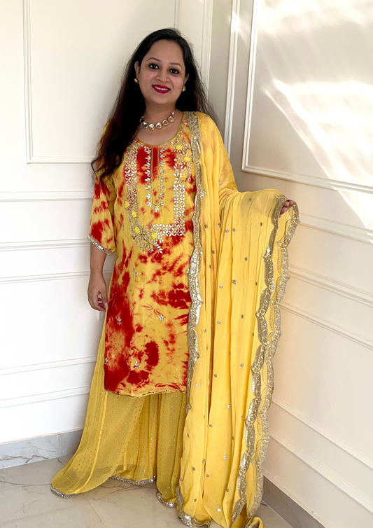 Pure Crepe Tie and Dye Hand Embroidered Sharara Suit in Yellow Red Colour.