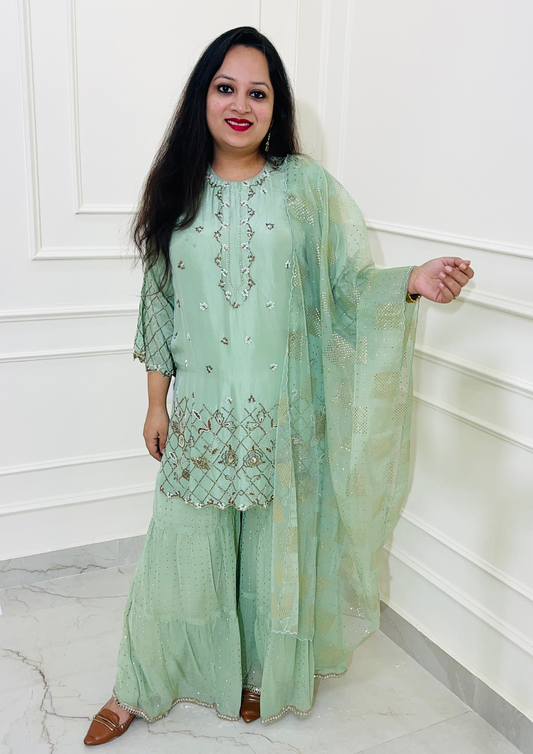 Pure Upada Silk Hand Embroidered Sharara Suit in Green Colour.