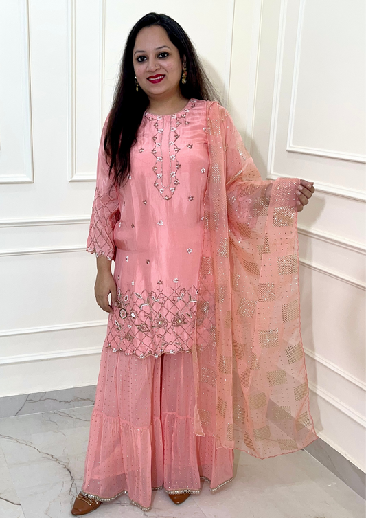 Pure Upada Silk Hand Embroidered Sharara Suit in Peach Colour.