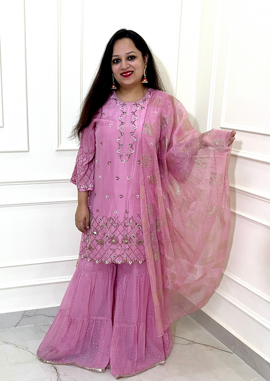 Pure Upada Silk Hand Embroidered Sharara Suit in Pink Colour.
