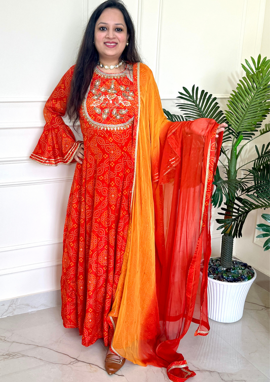 Bandhani Print Crepe Anarkali with Chiffon Dupatta