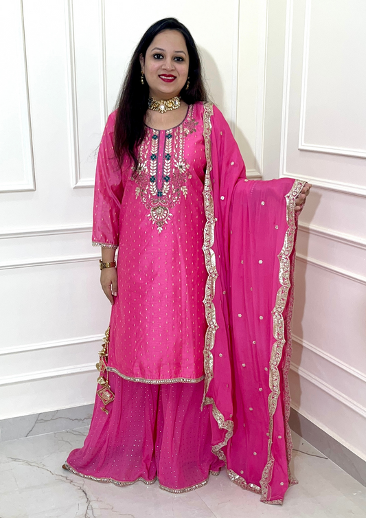 Beautiful Hand Embroidered Gota Work Sharara Suit in Pink Colour