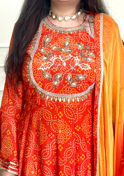 Bandhani Print Crepe Anarkali with Chiffon Dupatta