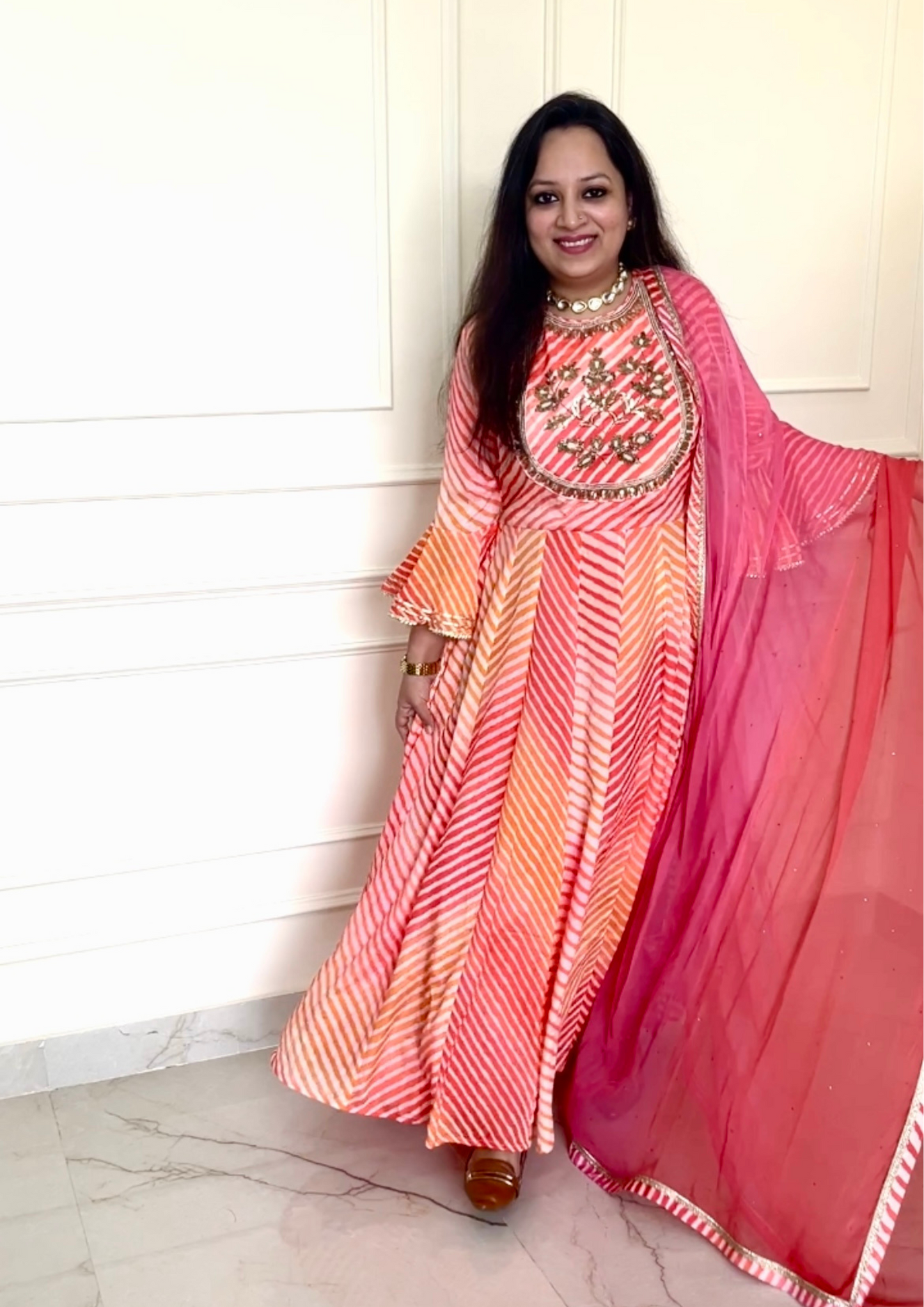 Leheriya Print Crepe Anarkali with Chiffon Dupatta
