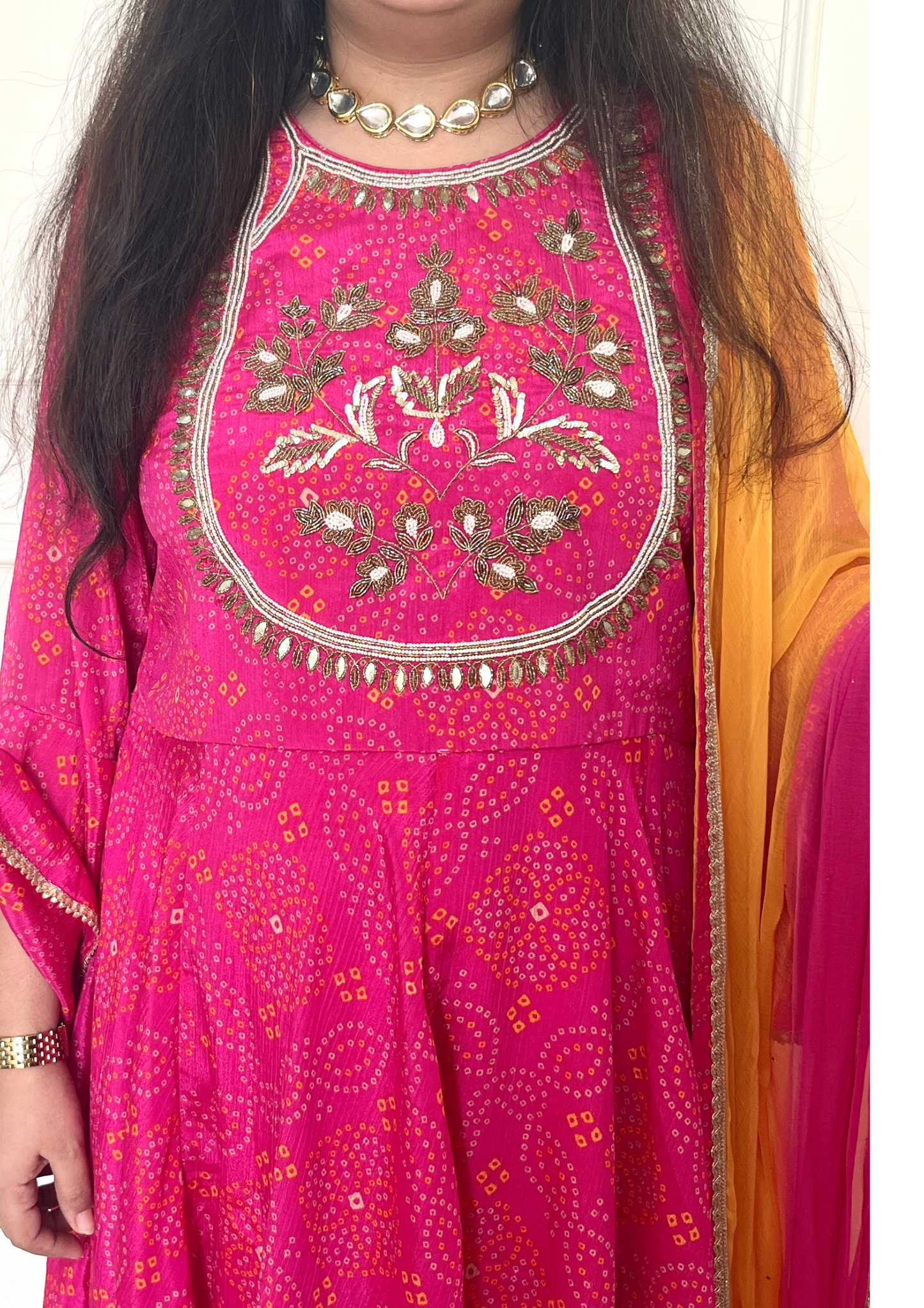 Bandhani Print Pink Colour Print Crepe Anarkali with Chiffon Dupatta