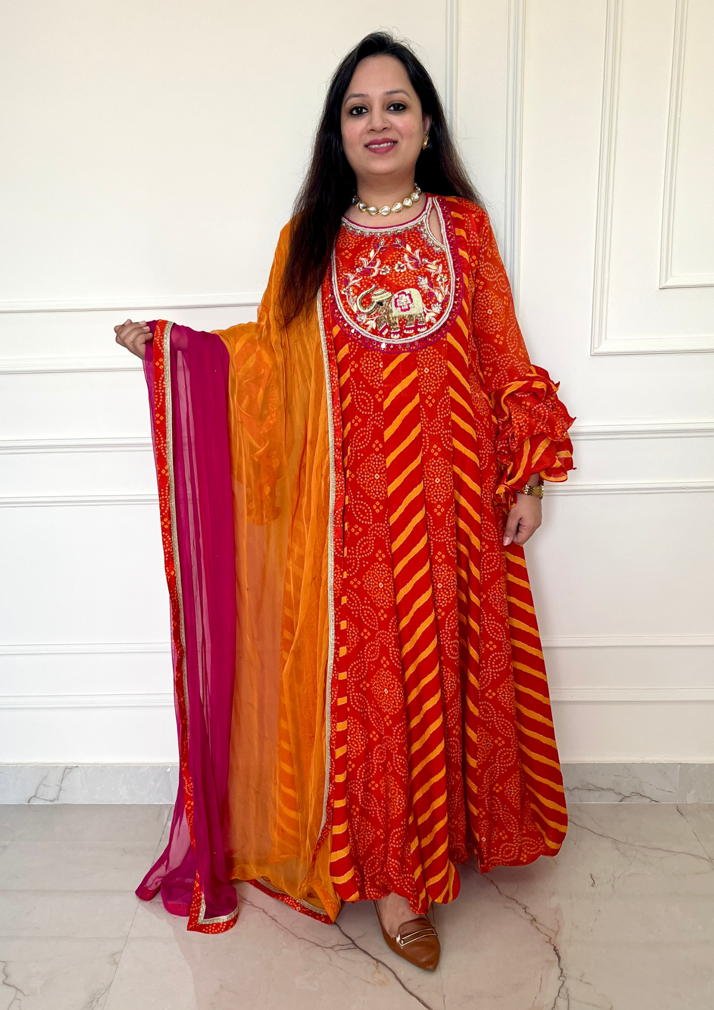 Bandhani and Leheriya Print Orange and Yellow Colour Crepe Anarkali with Chiffon Dupatta