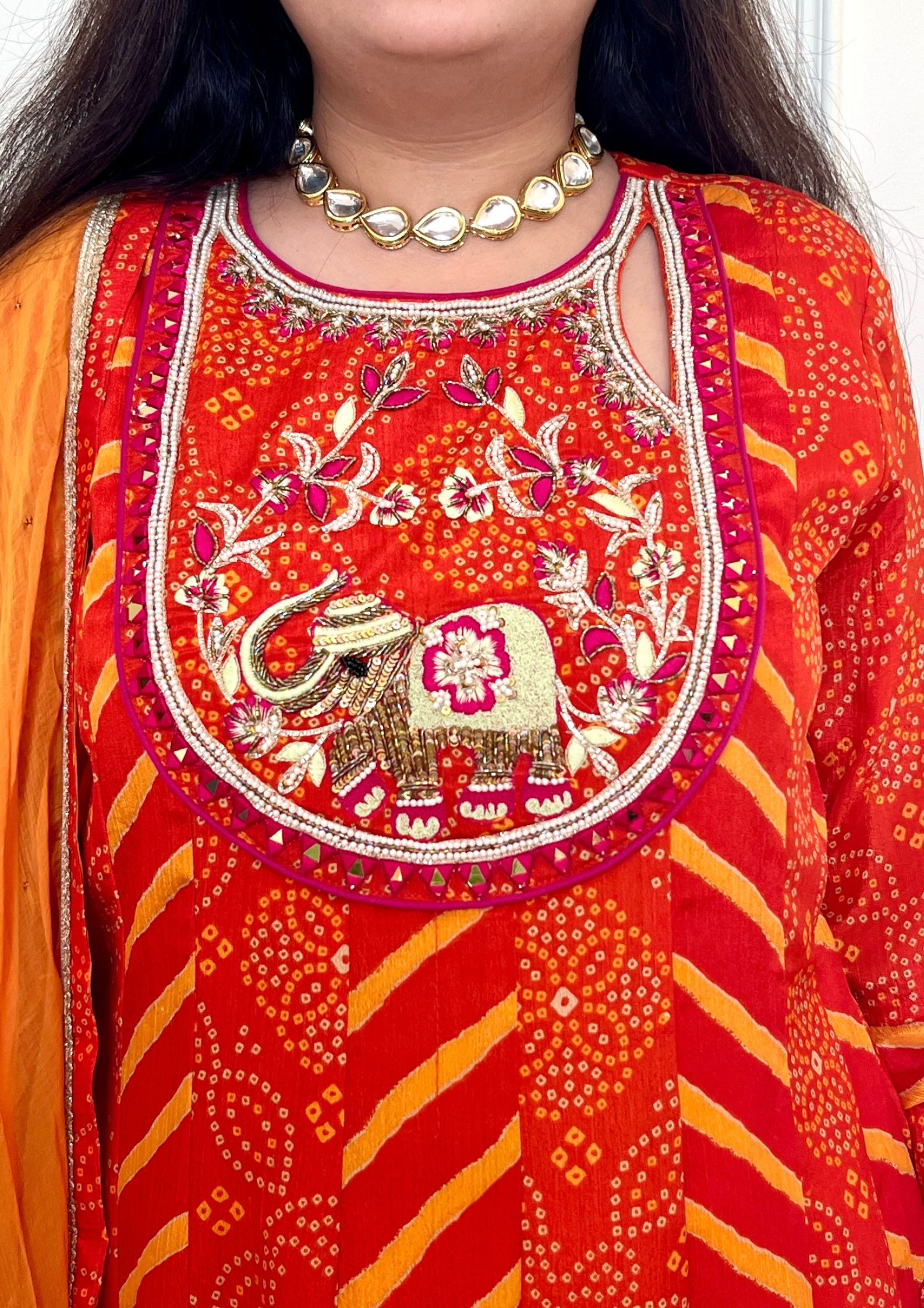 Bandhani and Leheriya Print Orange and Yellow Colour Crepe Anarkali with Chiffon Dupatta