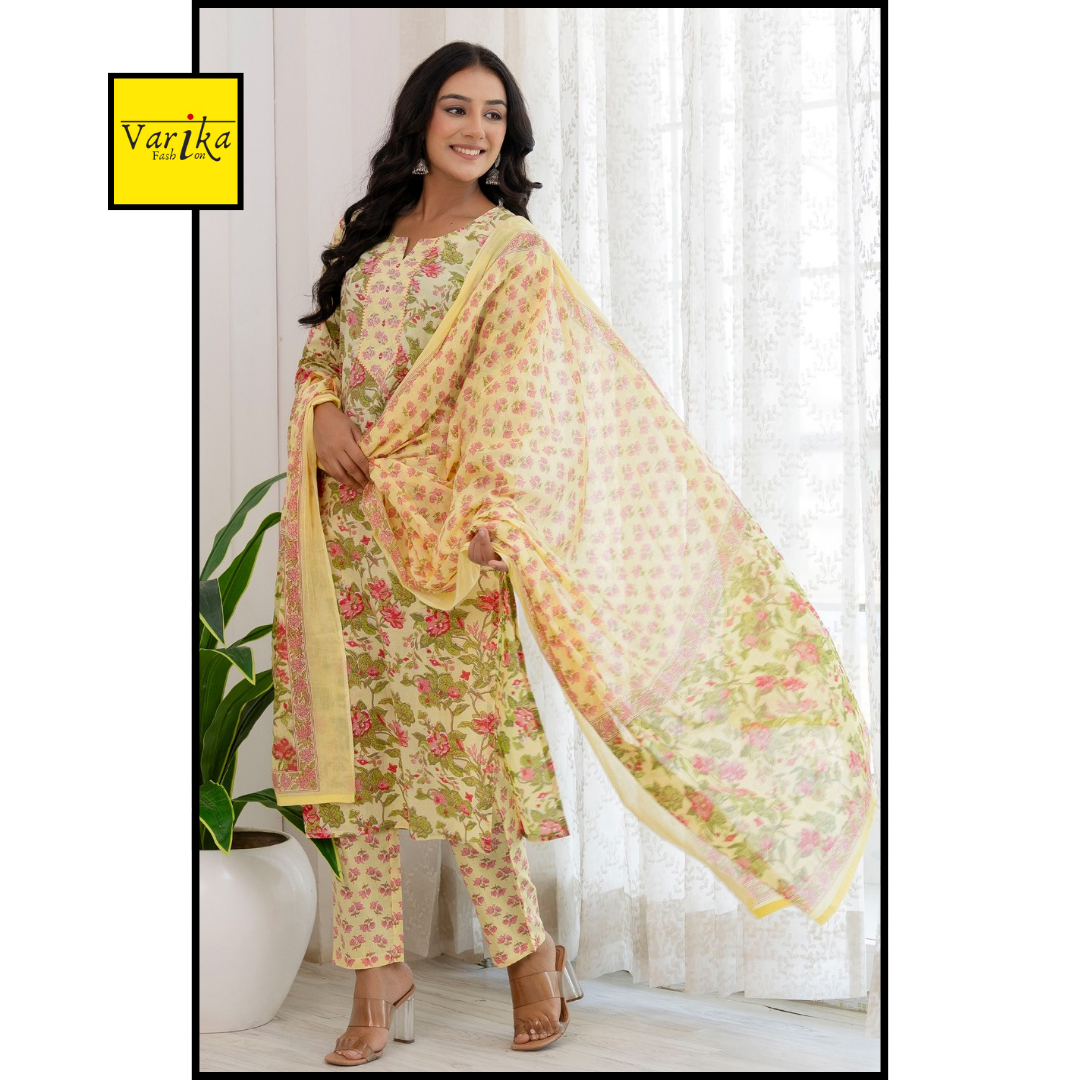 Sober Yellow Jaipuri Print Suit Set-Yellow Colour