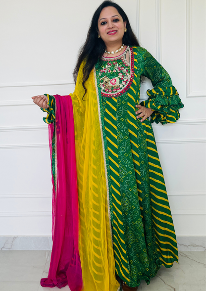 Bandhani and Leheriya Print Green and Yellow Colour Crepe Anarkali with Chiffon Dupatta
