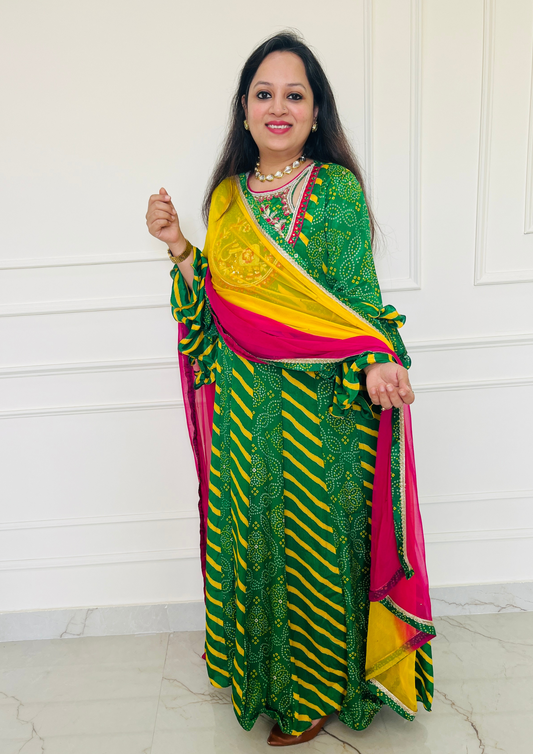 Bandhani and Leheriya Print Green and Yellow Colour Crepe Anarkali with Chiffon Dupatta