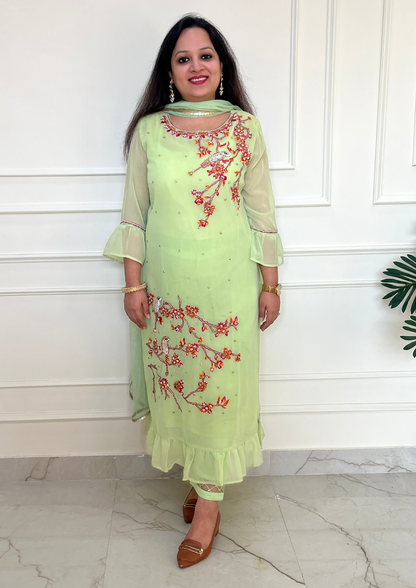 Georgette based Bird Daali Hand Embroidered 3pc suit in Green Colour