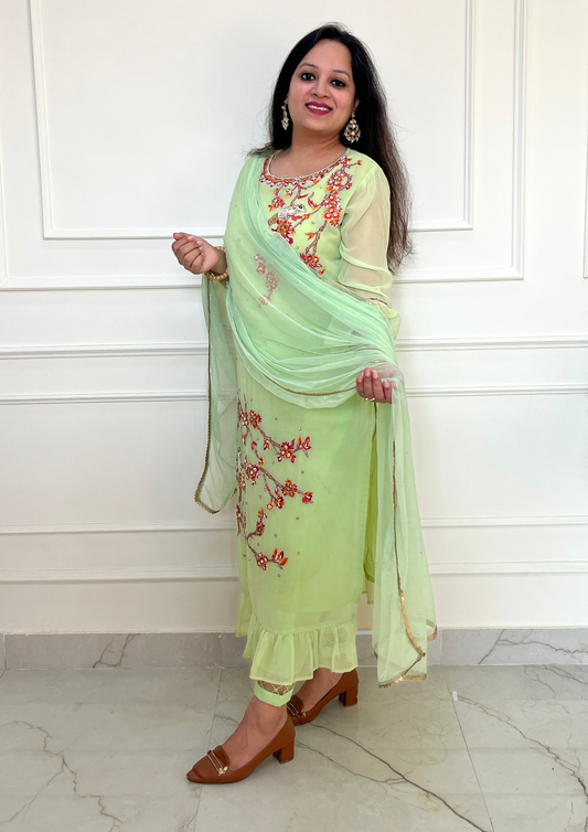 Georgette based Bird Daali Hand Embroidered 3pc suit in Green Colour