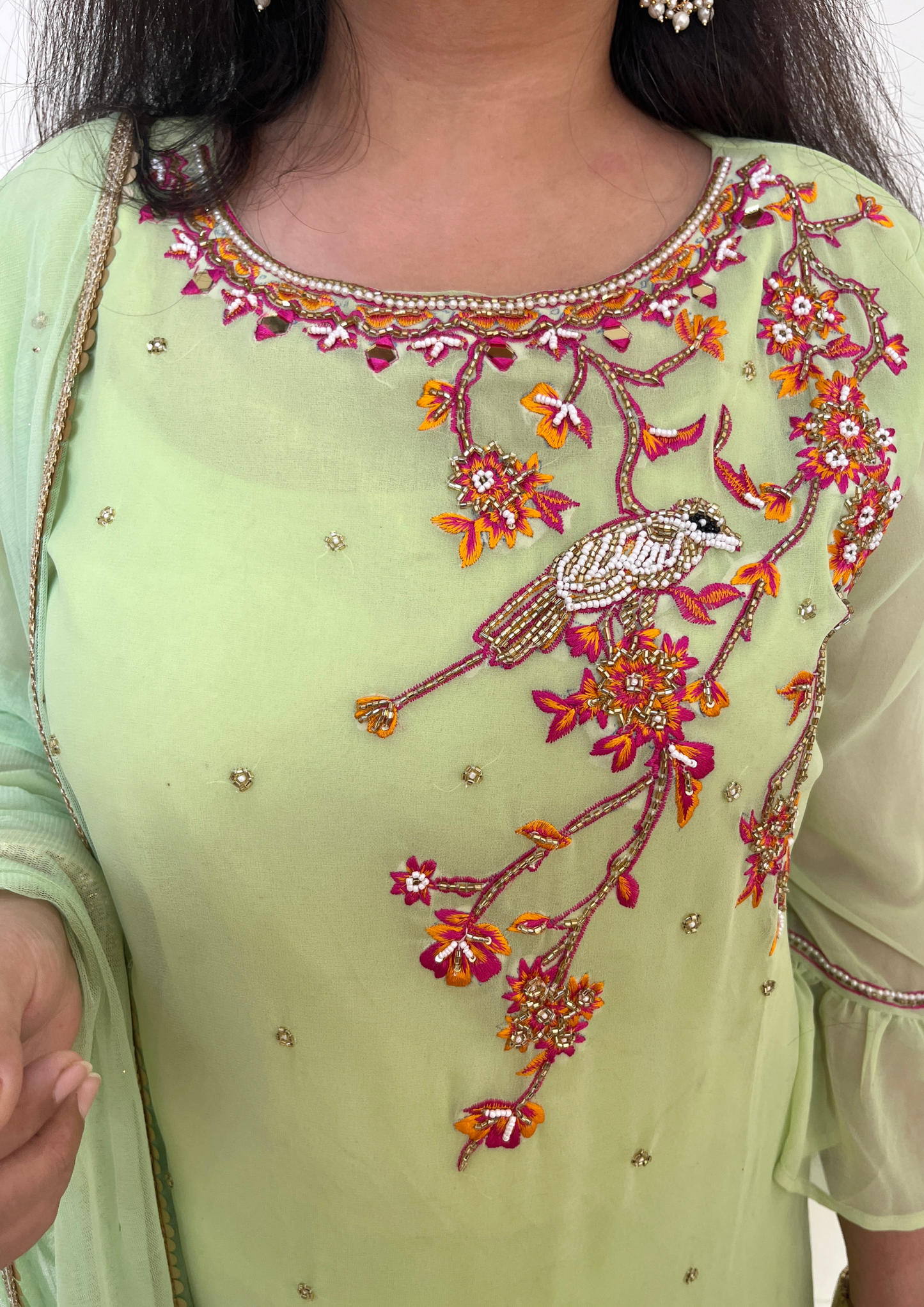 Georgette based Bird Daali Hand Embroidered 3pc suit in Green Colour