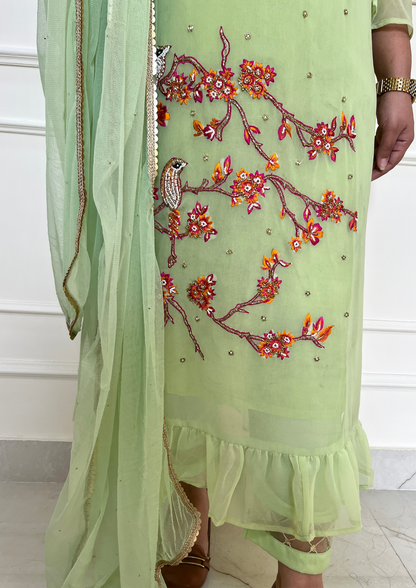 Georgette based Bird Daali Hand Embroidered 3pc suit in Green Colour