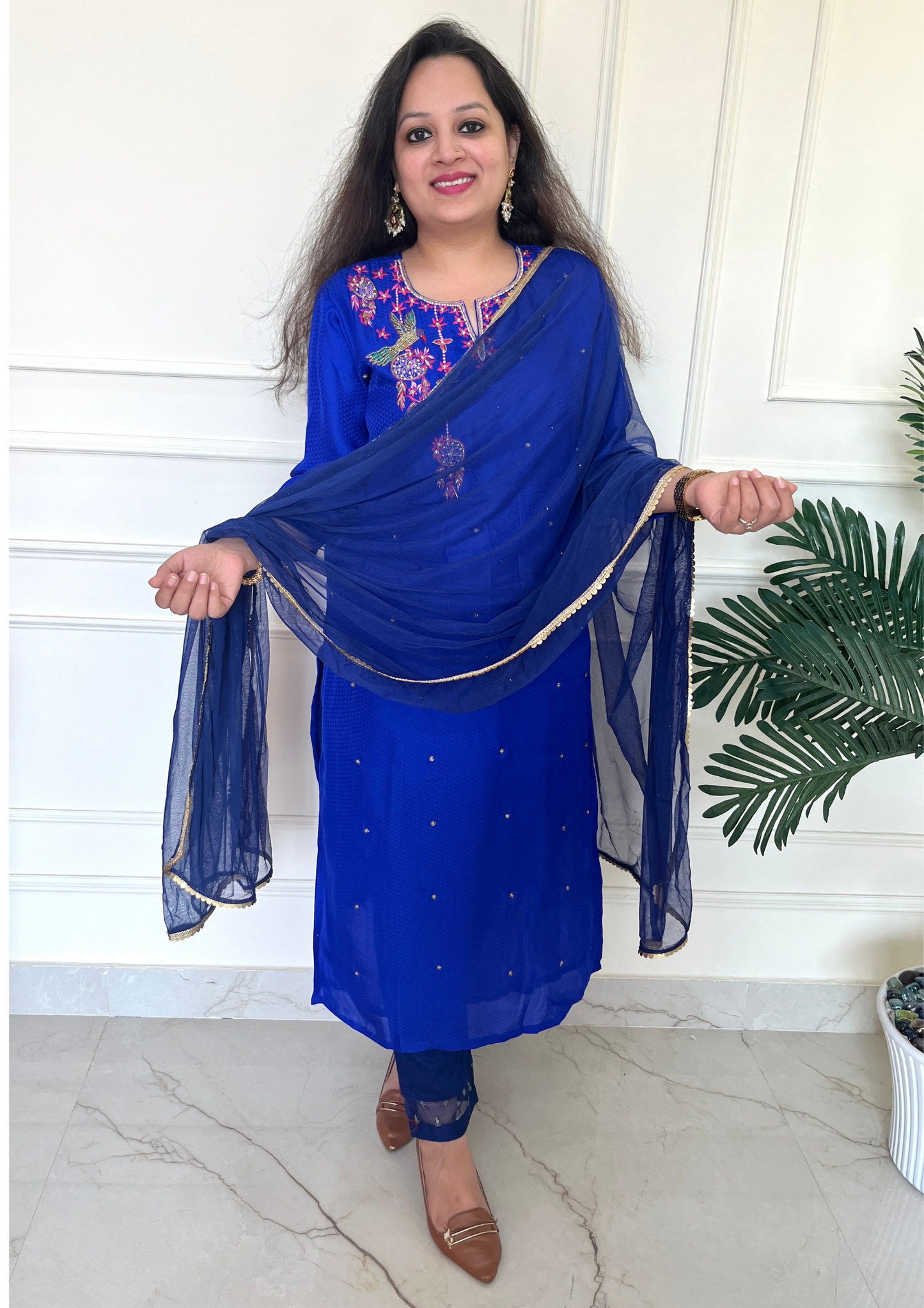 Self Crepe based Bird Dreamcatcher Hand Embroidered 3pc suit in Royal Blue Colour