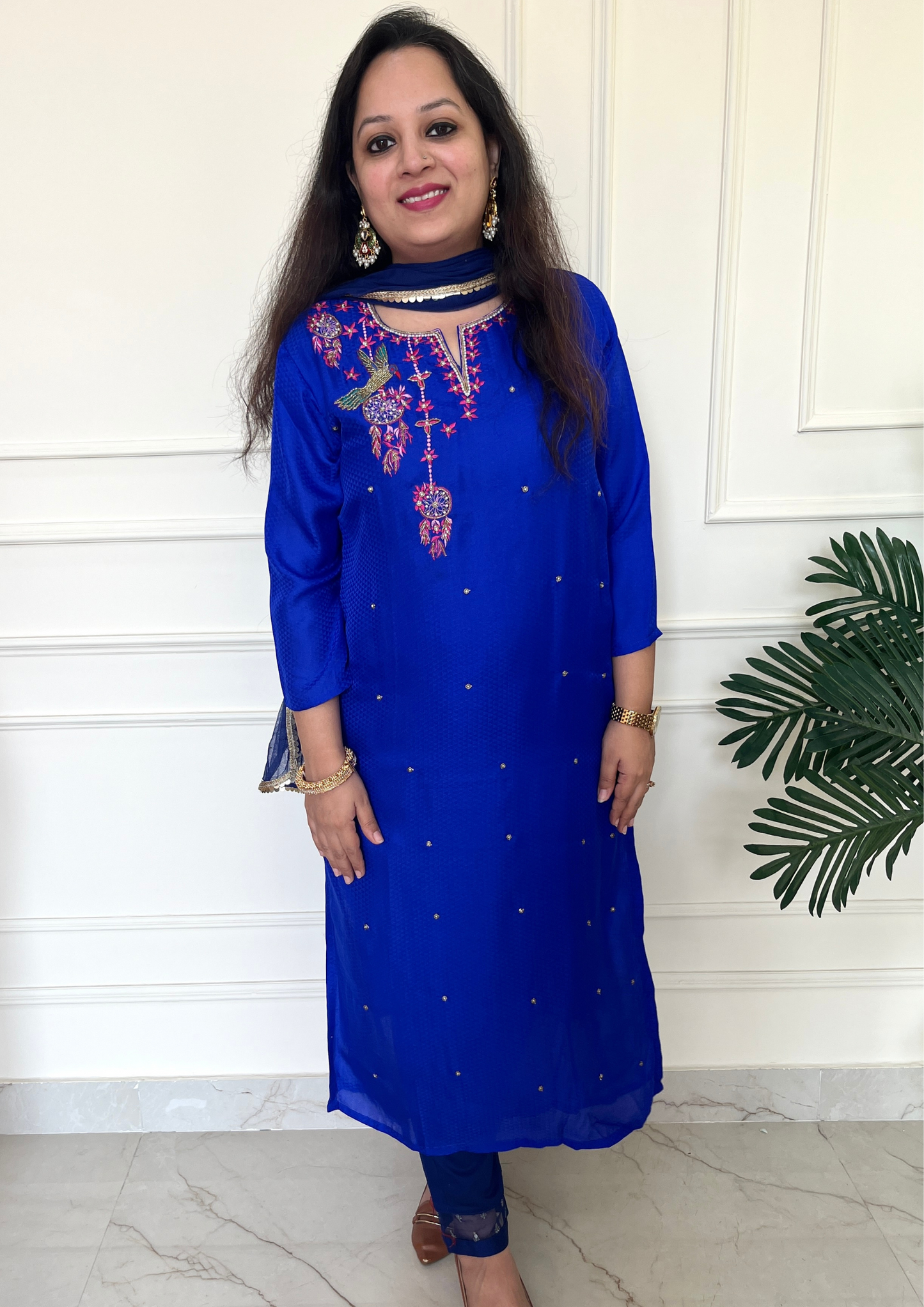 Self Crepe based Bird Dreamcatcher Hand Embroidered 3pc suit in Royal Blue Colour