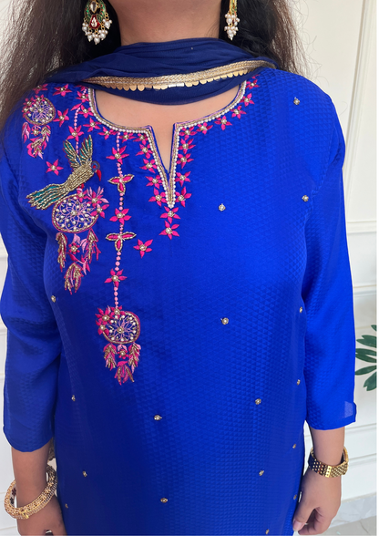 Self Crepe based Bird Dreamcatcher Hand Embroidered 3pc suit in Royal Blue Colour