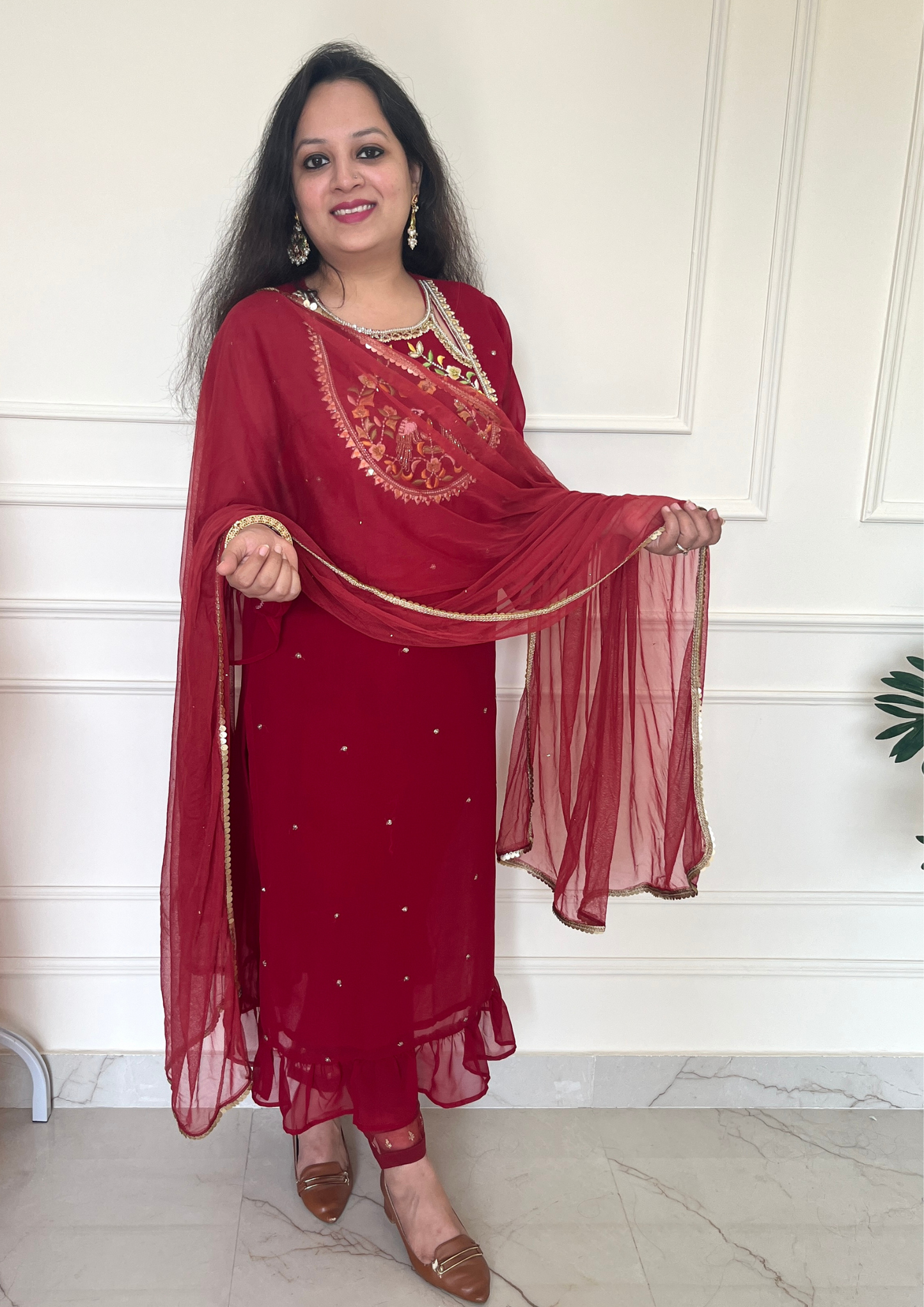 Georgette based Bird Hand Embroidered 3pc suit in Maroon