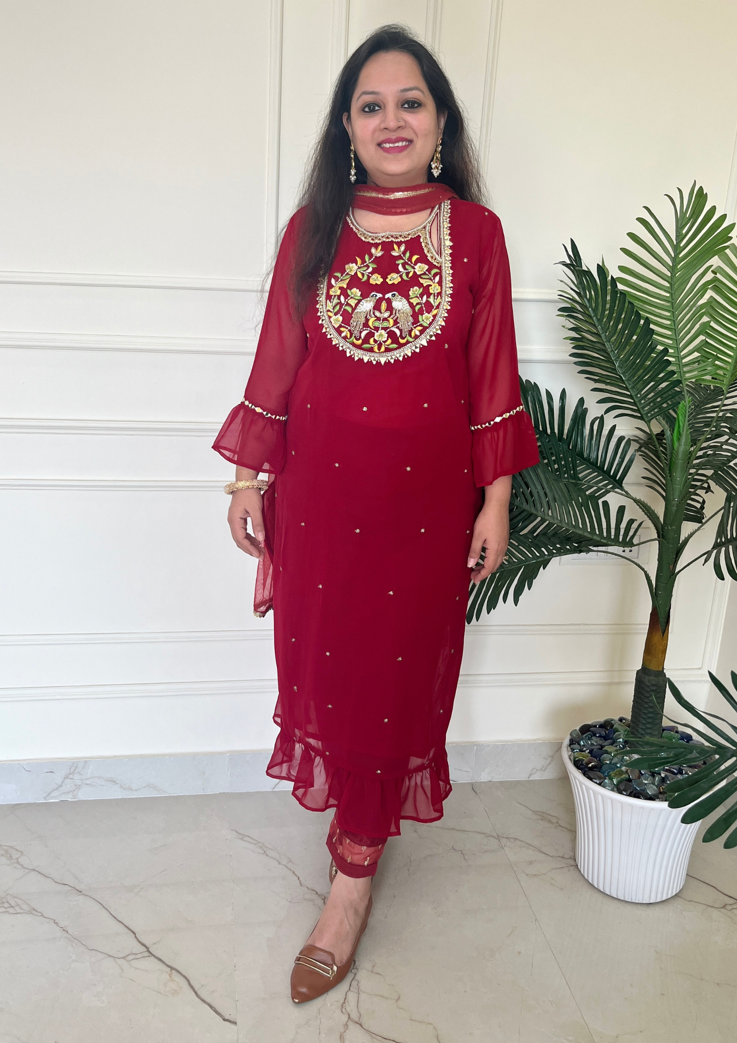 Georgette based Bird Hand Embroidered 3pc suit in Maroon