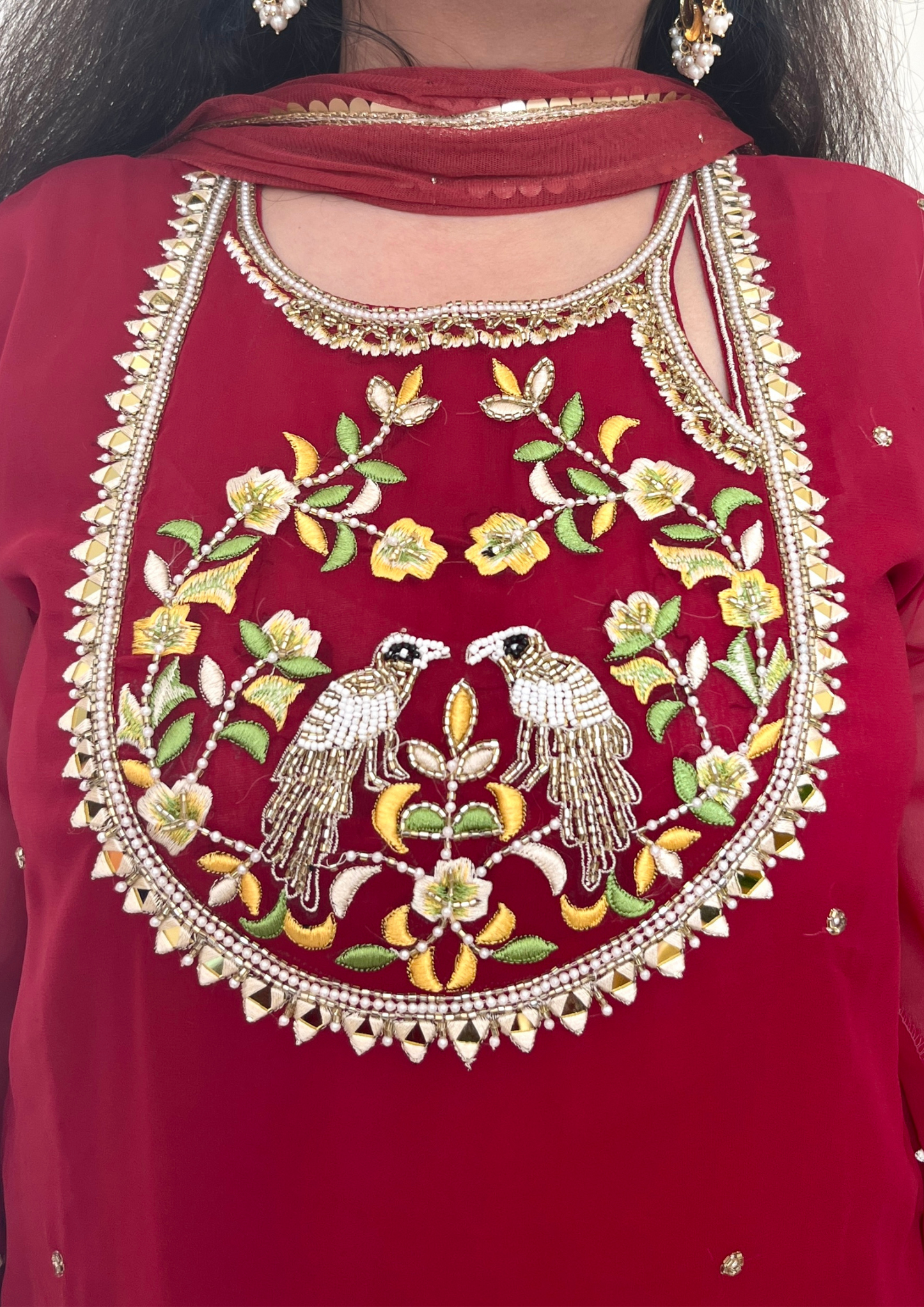 Georgette based Bird Hand Embroidered 3pc suit in Maroon