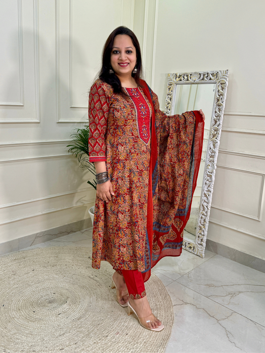 Kalamkari Anarkali Suit set-Red Colour