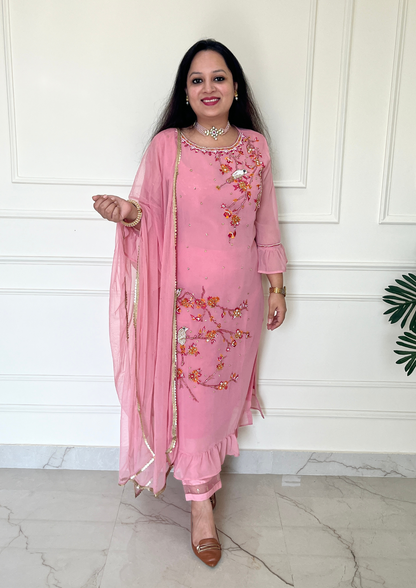 Georgette based Bird Daali Hand Embroidered 3pc suit in Blush Pink Colour