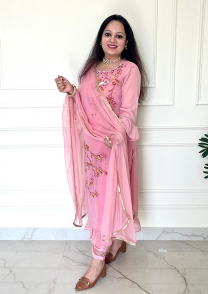 Georgette based Bird Daali Hand Embroidered 3pc suit in Blush Pink Colour