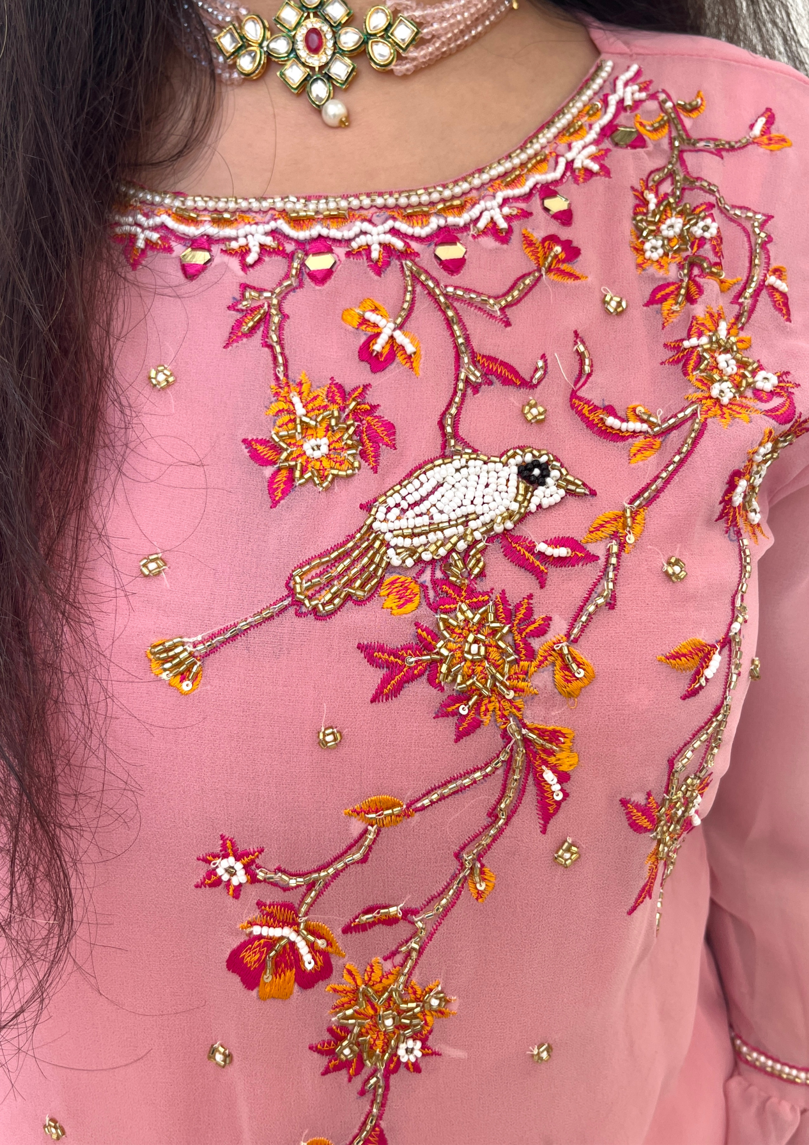 Georgette based Bird Daali Hand Embroidered 3pc suit in Blush Pink Colour