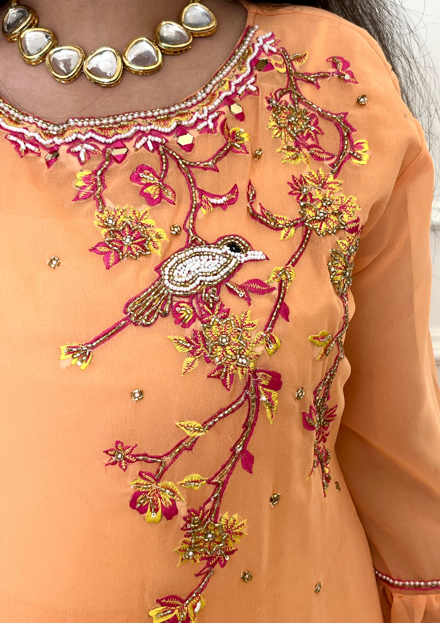 Georgette based Bird Daali Hand Embroidered 3pc suit in Peach Colour