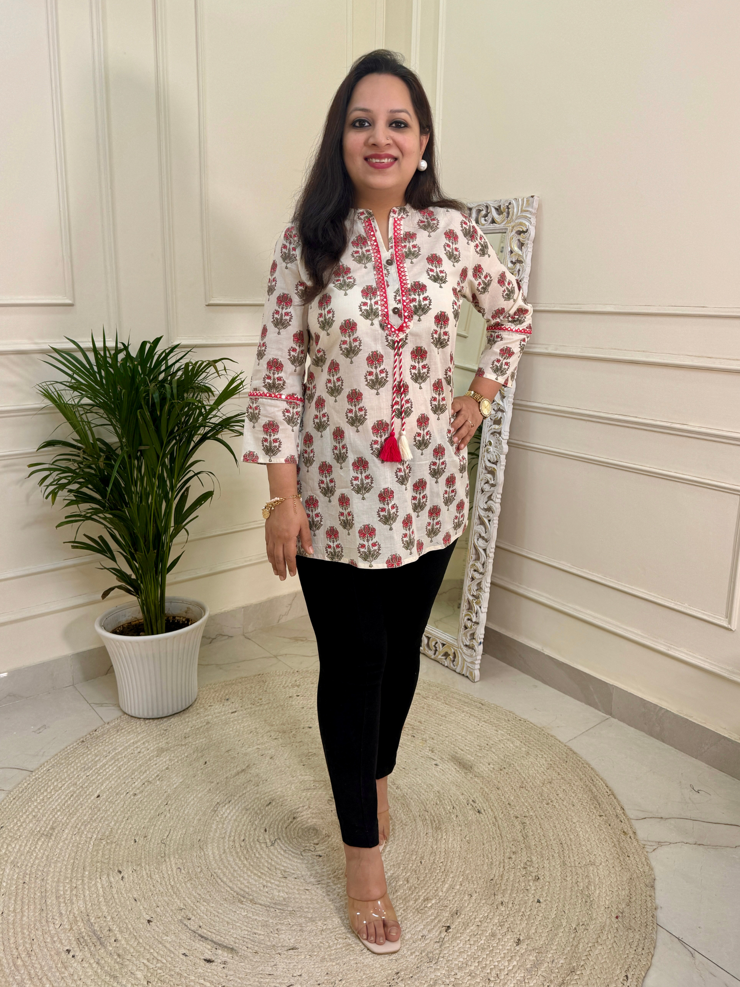 White Pink Floral Print Short Kurti for Jeans