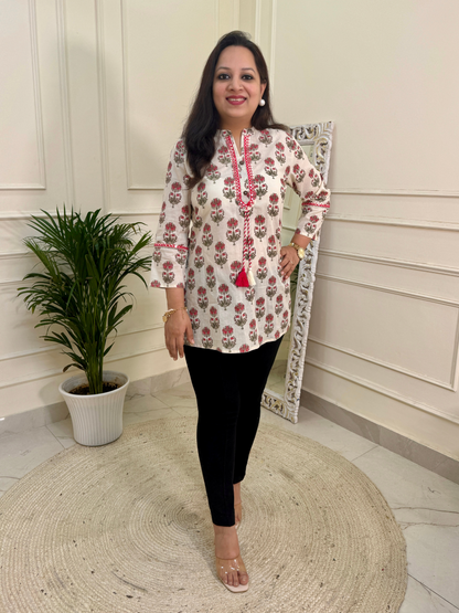 White Pink Floral Print Short Kurti for Jeans
