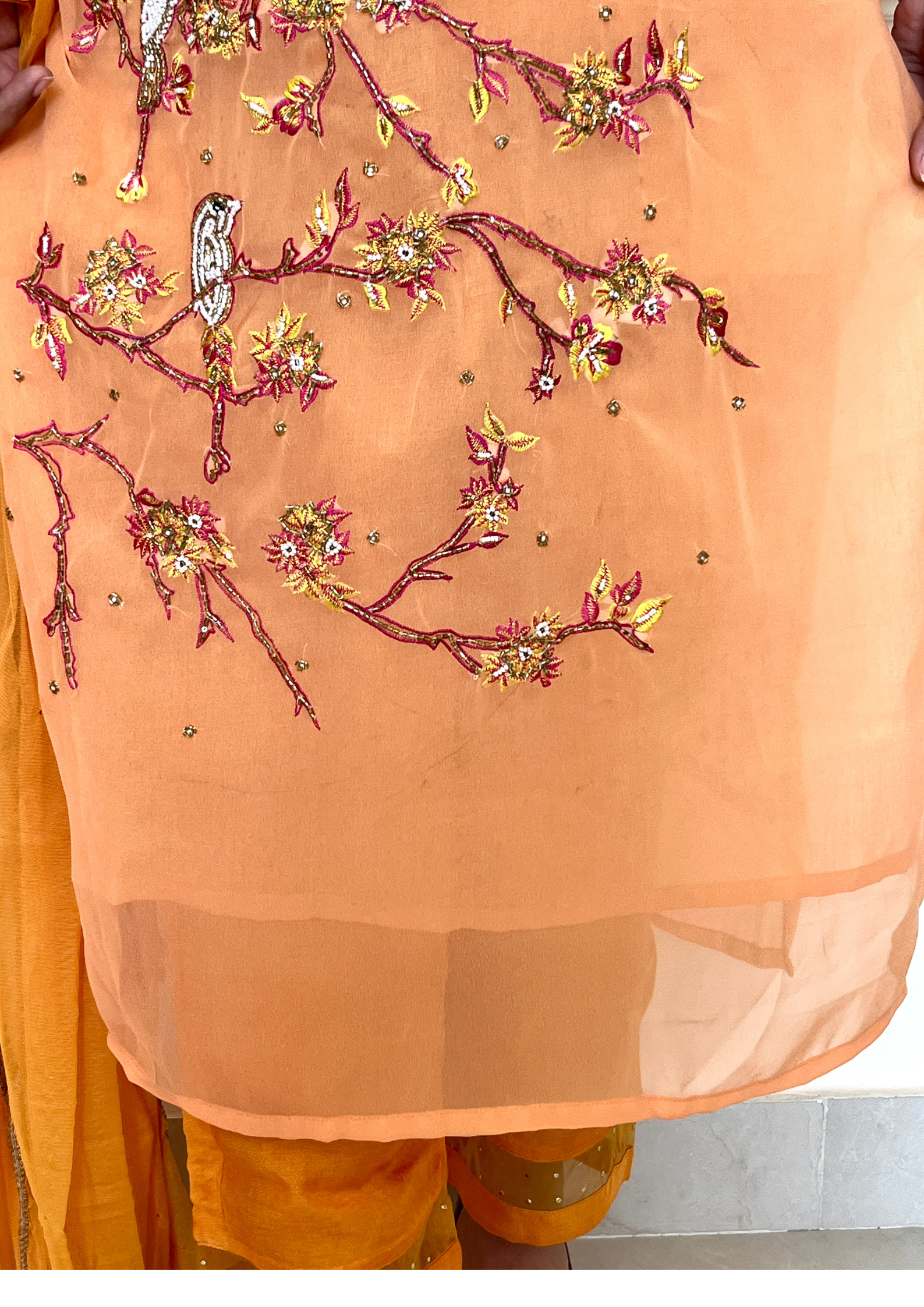 Georgette based Bird Daali Hand Embroidered 3pc suit in Peach Colour