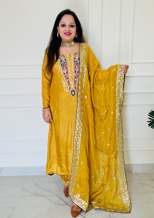 Ambi Embroidered Upada Silk Mustard Aline 3pc Suit