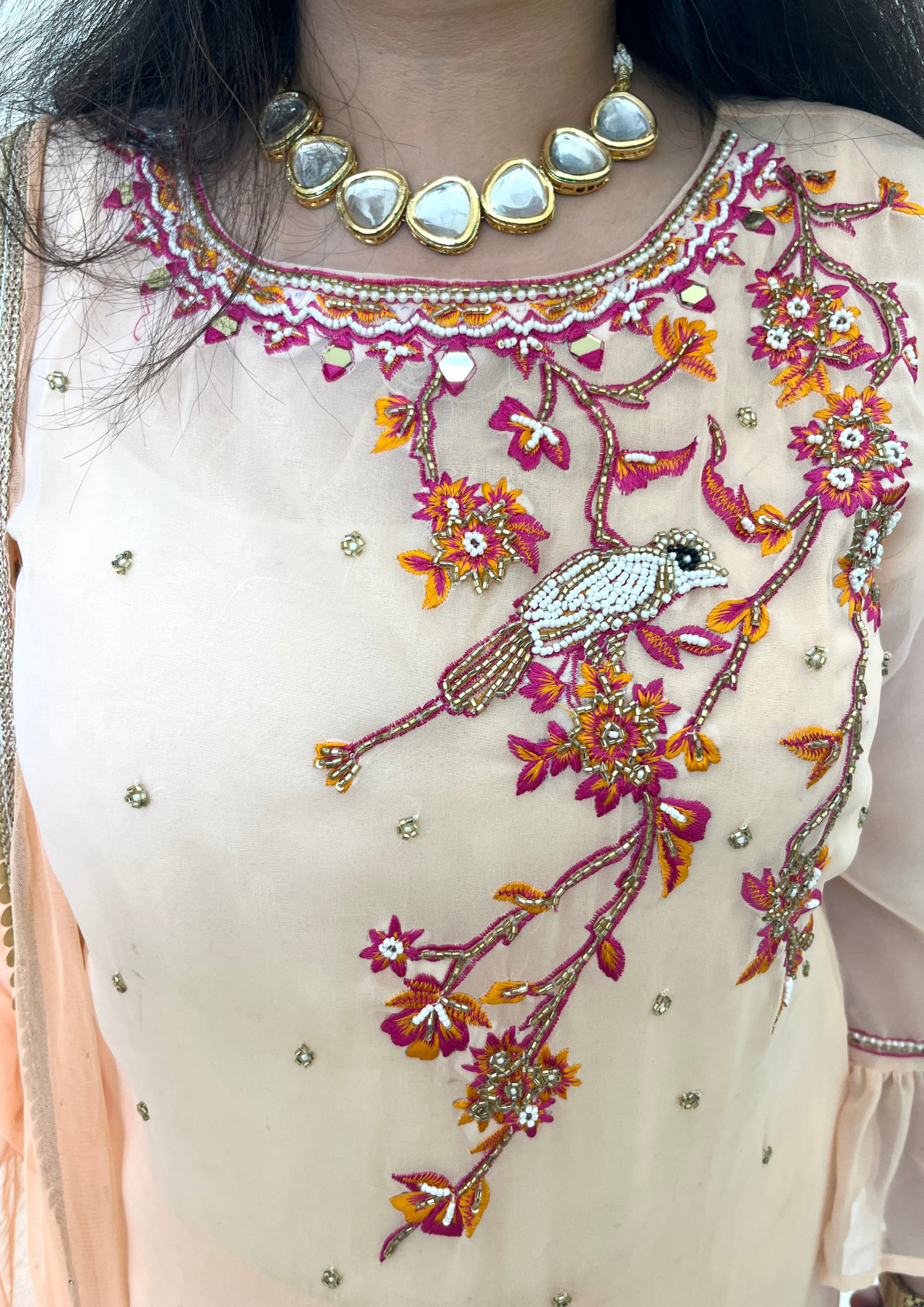 Georgette based Bird Daali Hand Embroidered 3pc suit in Light Peach Colour