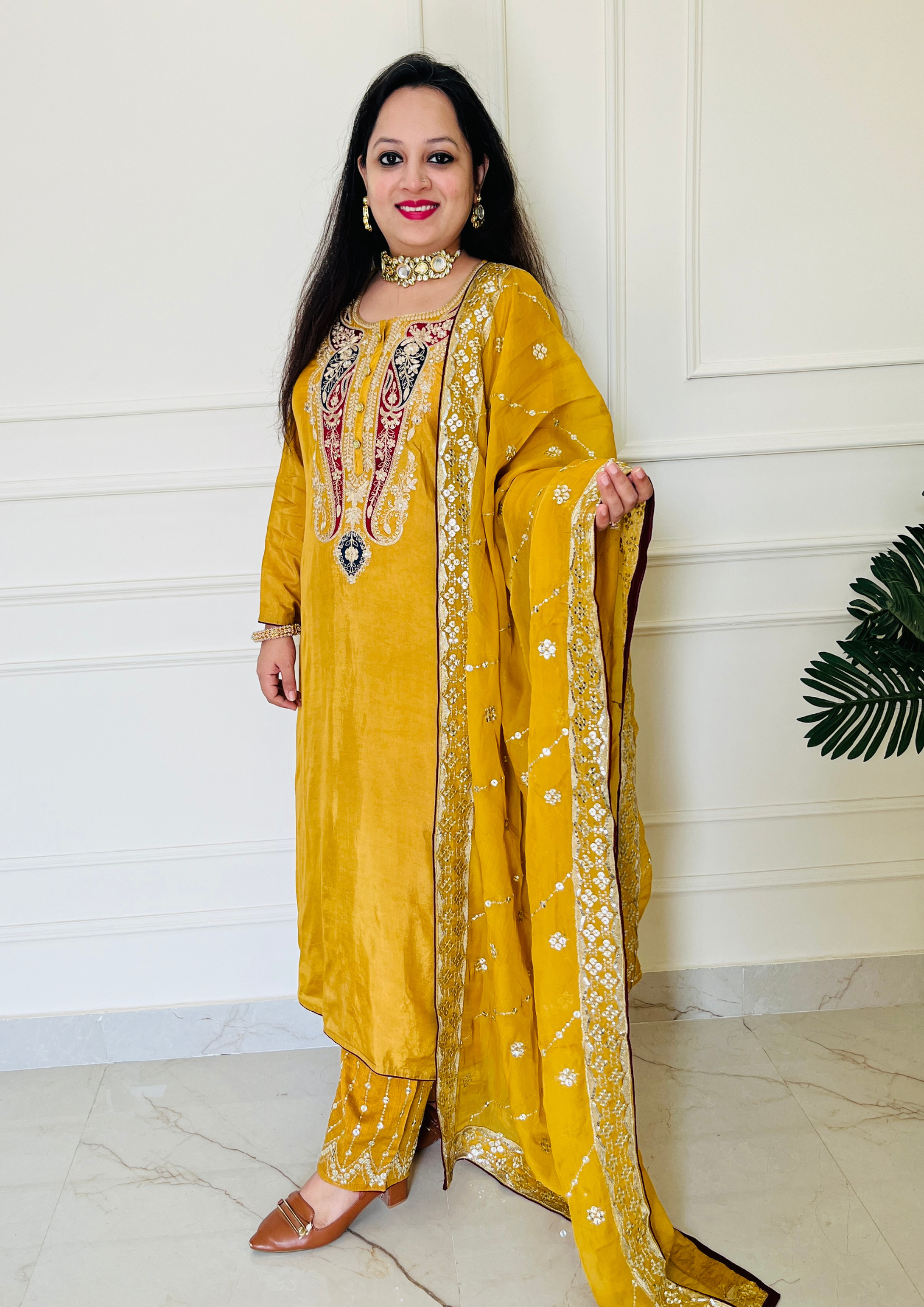 Ambi Embroidered Upada Silk Mustard Aline 3pc Suit