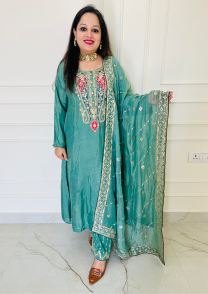 Ambi Embroidered Upada Silk Green Aline 3pc Suit