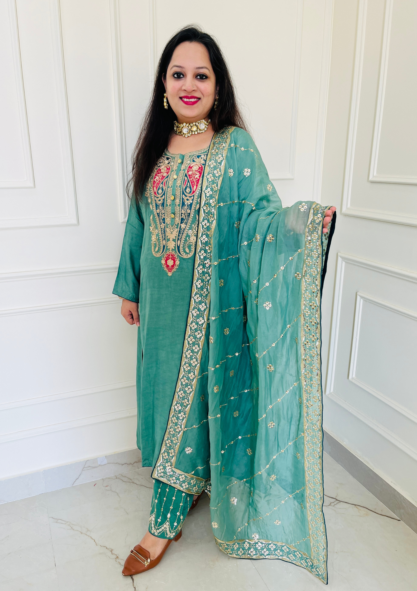 Ambi Embroidered Upada Silk Green Aline 3pc Suit