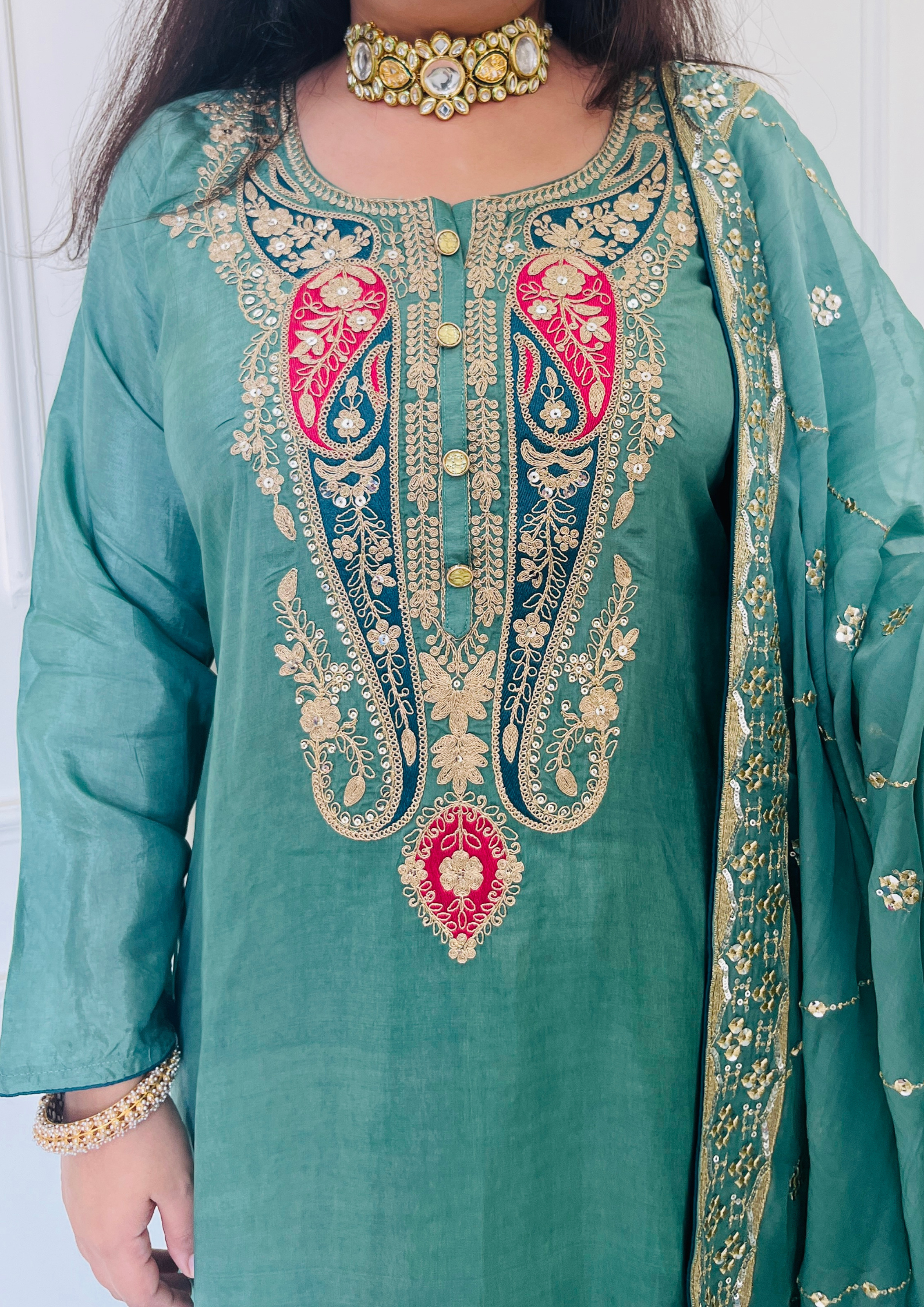 Ambi Embroidered Upada Silk Green Aline 3pc Suit