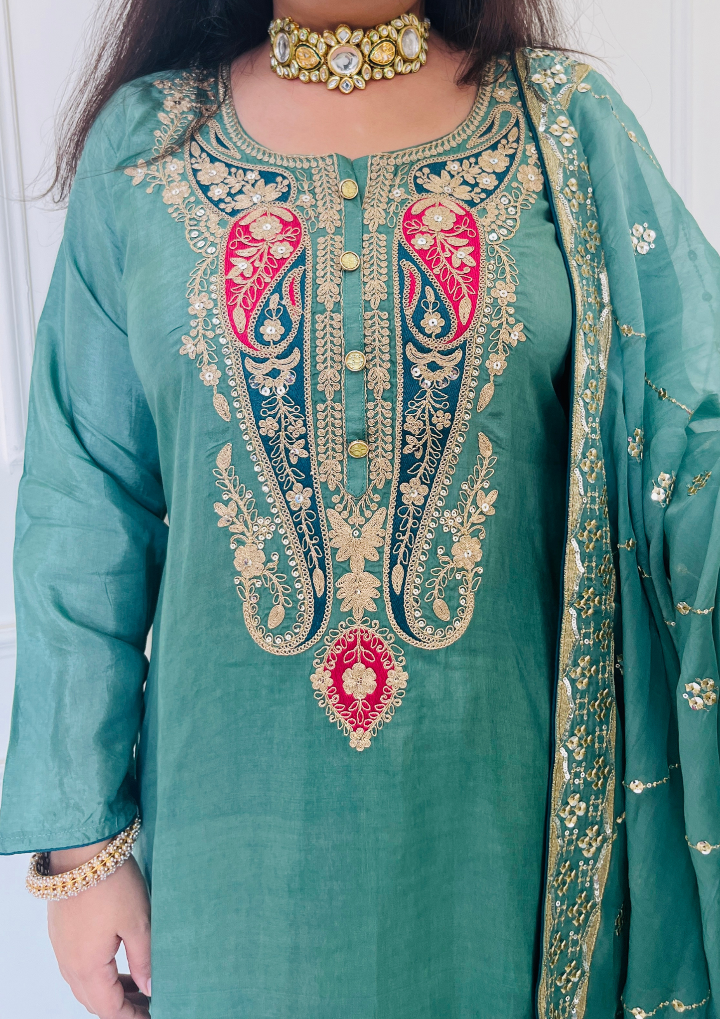 Ambi Embroidered Upada Silk Green Aline 3pc Suit