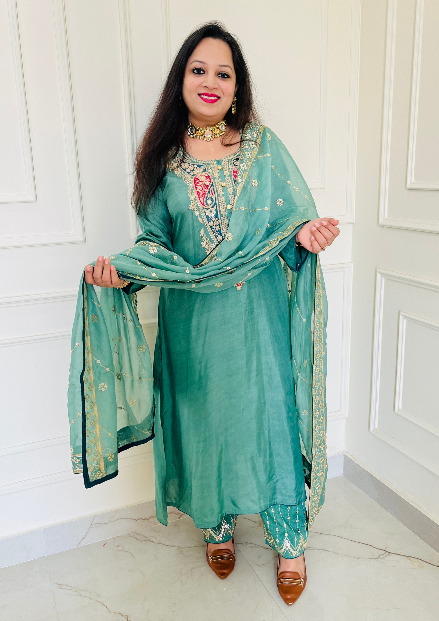 Ambi Embroidered Upada Silk Green Aline 3pc Suit