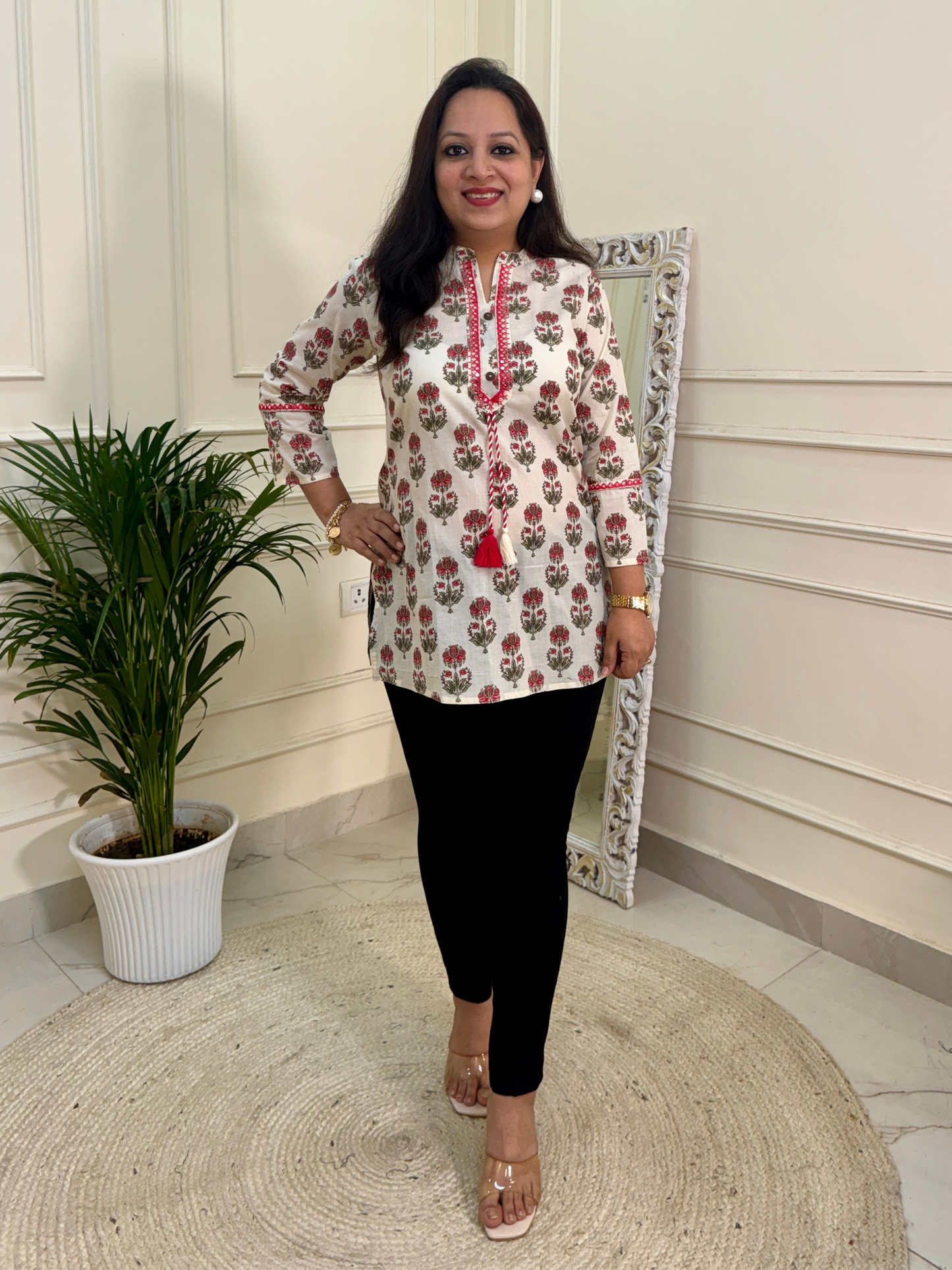 White Pink Floral Print Short Kurti for Jeans