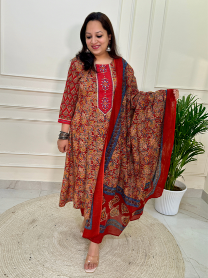 Kalamkari Anarkali Suit set-Red Colour