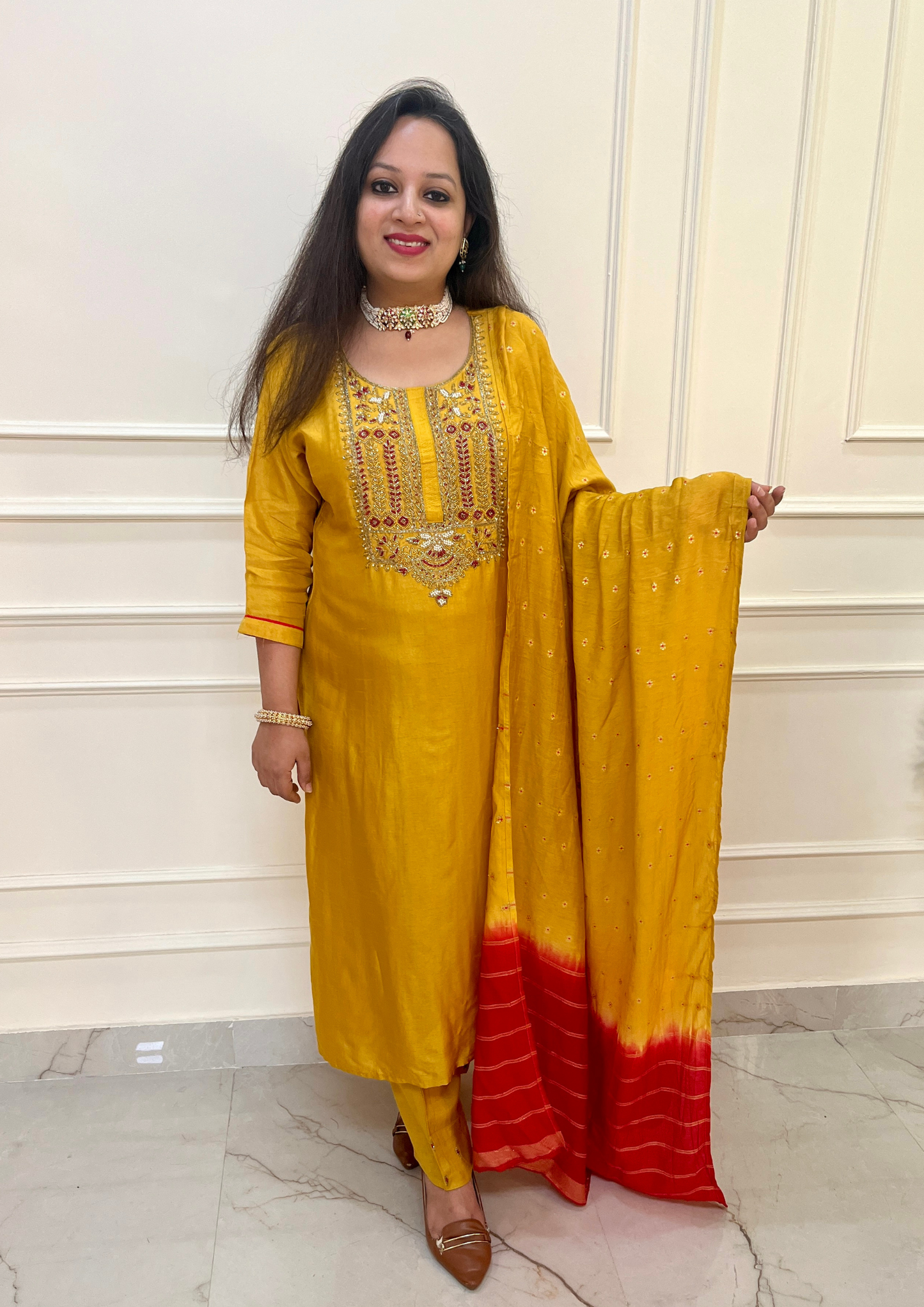 Hand Embroiery Dola Silk Mustard Colour 3pc Suit