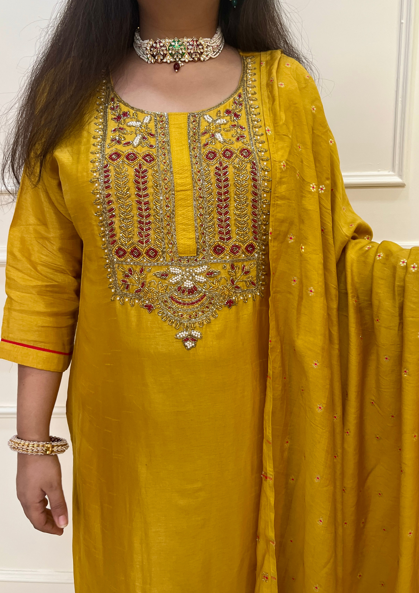 Hand Embroiery Dola Silk Mustard Colour 3pc Suit