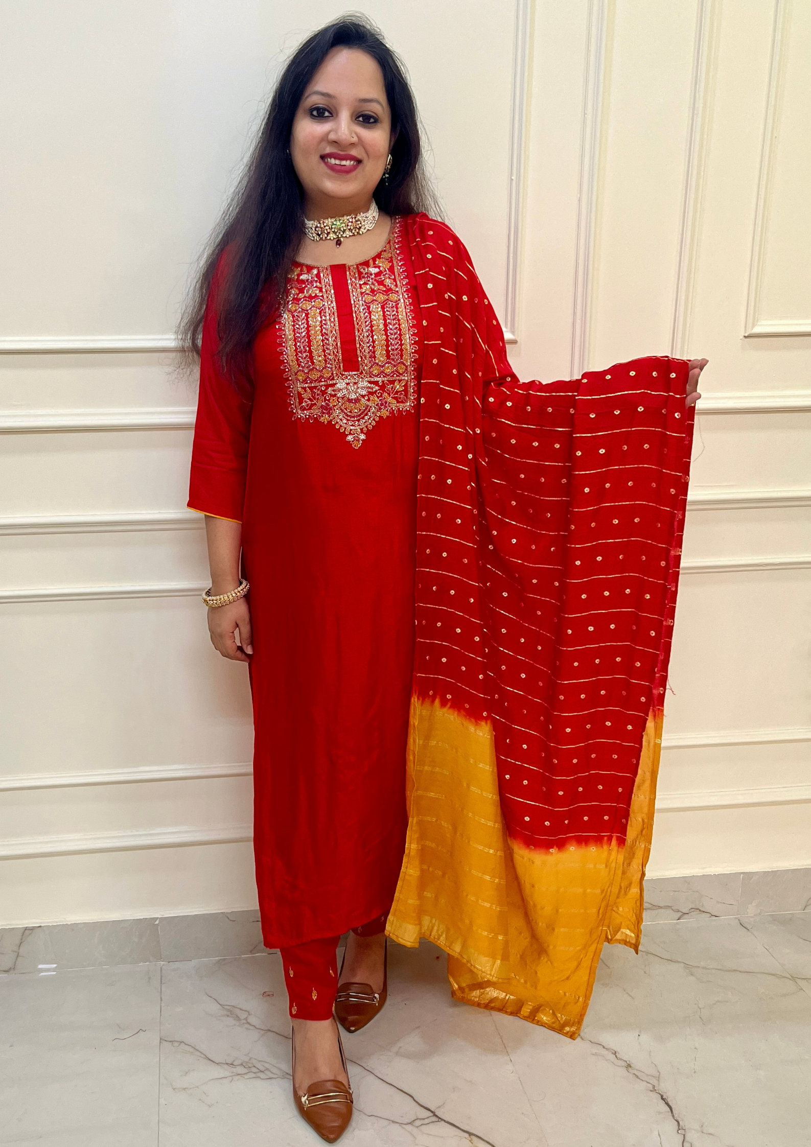 Hand Embroiery Dola Silk Red Colour 3pc Suit