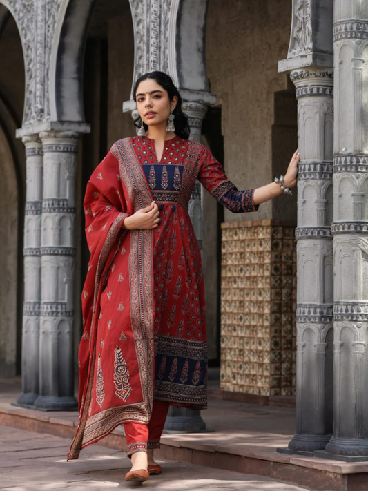 Ajrakh Anarkali Suit set-Red Colour