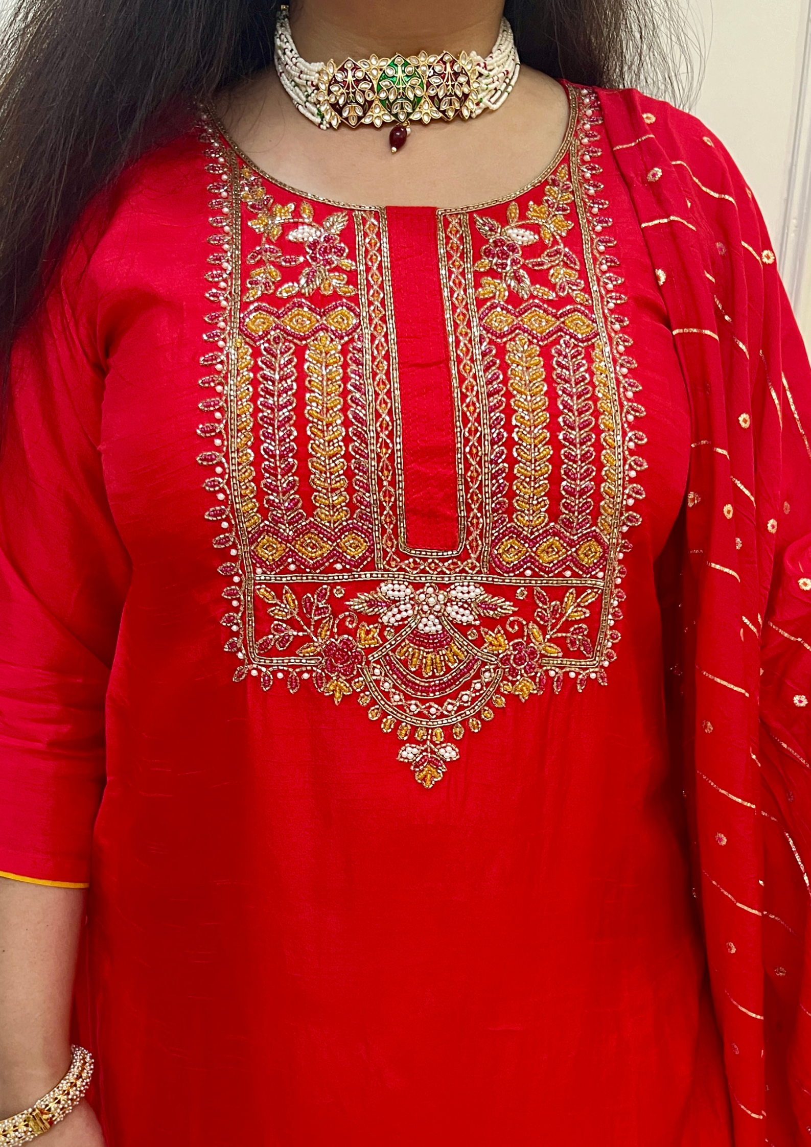 Hand Embroiery Dola Silk Red Colour 3pc Suit