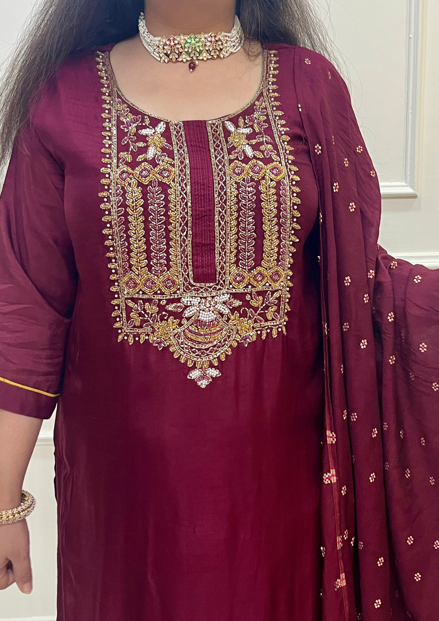 Hand Embroiery Dola Silk Maroon Colour 3pc Suit