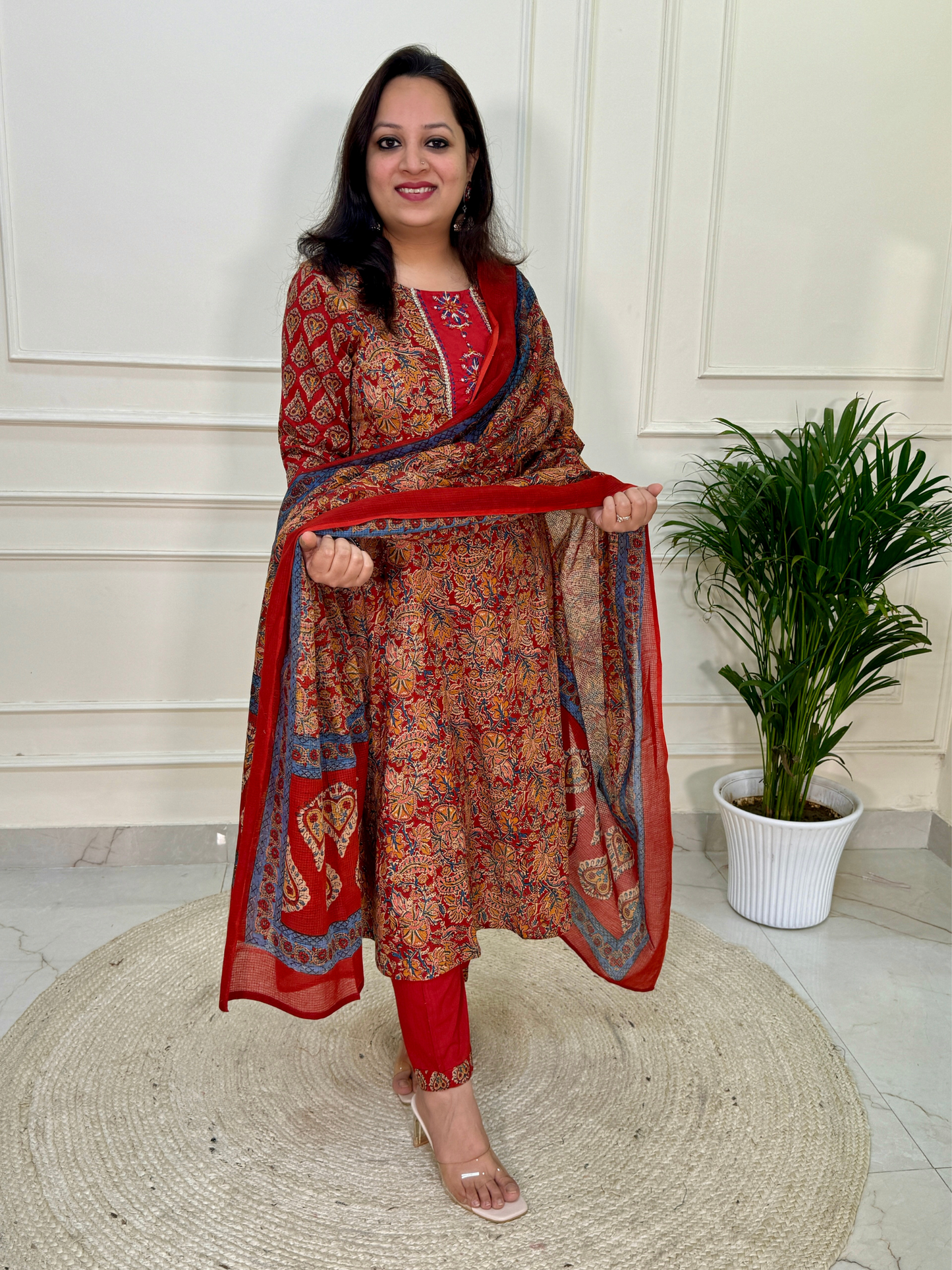 Kalamkari Anarkali Suit set-Red Colour