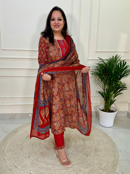 Kalamkari Anarkali Suit set-Red Colour